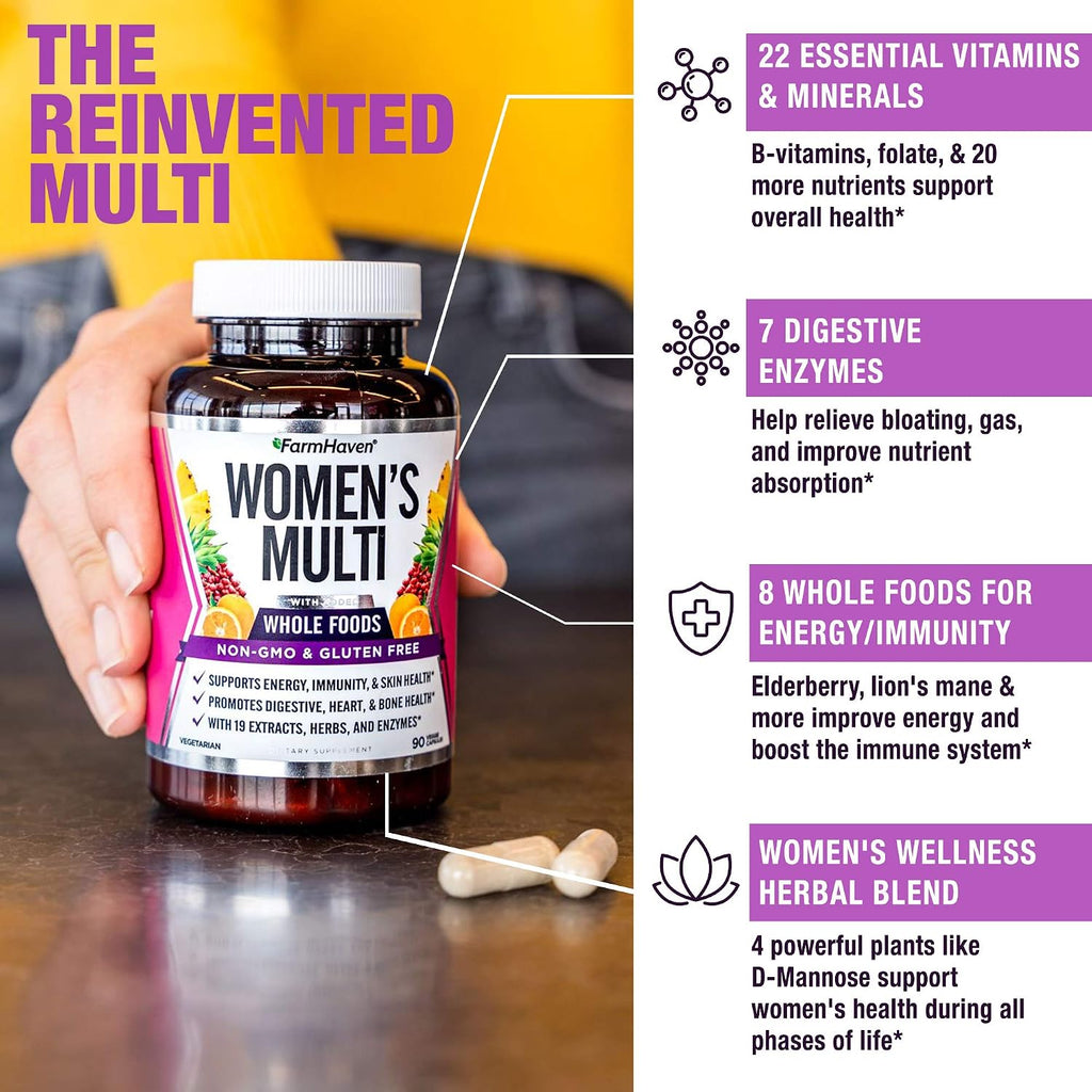 FarmHaven Multivitamínico para Mujeres – 22 Nutrientes Esenciales, Superalimentos y Enzimas – 90 Cápsulas