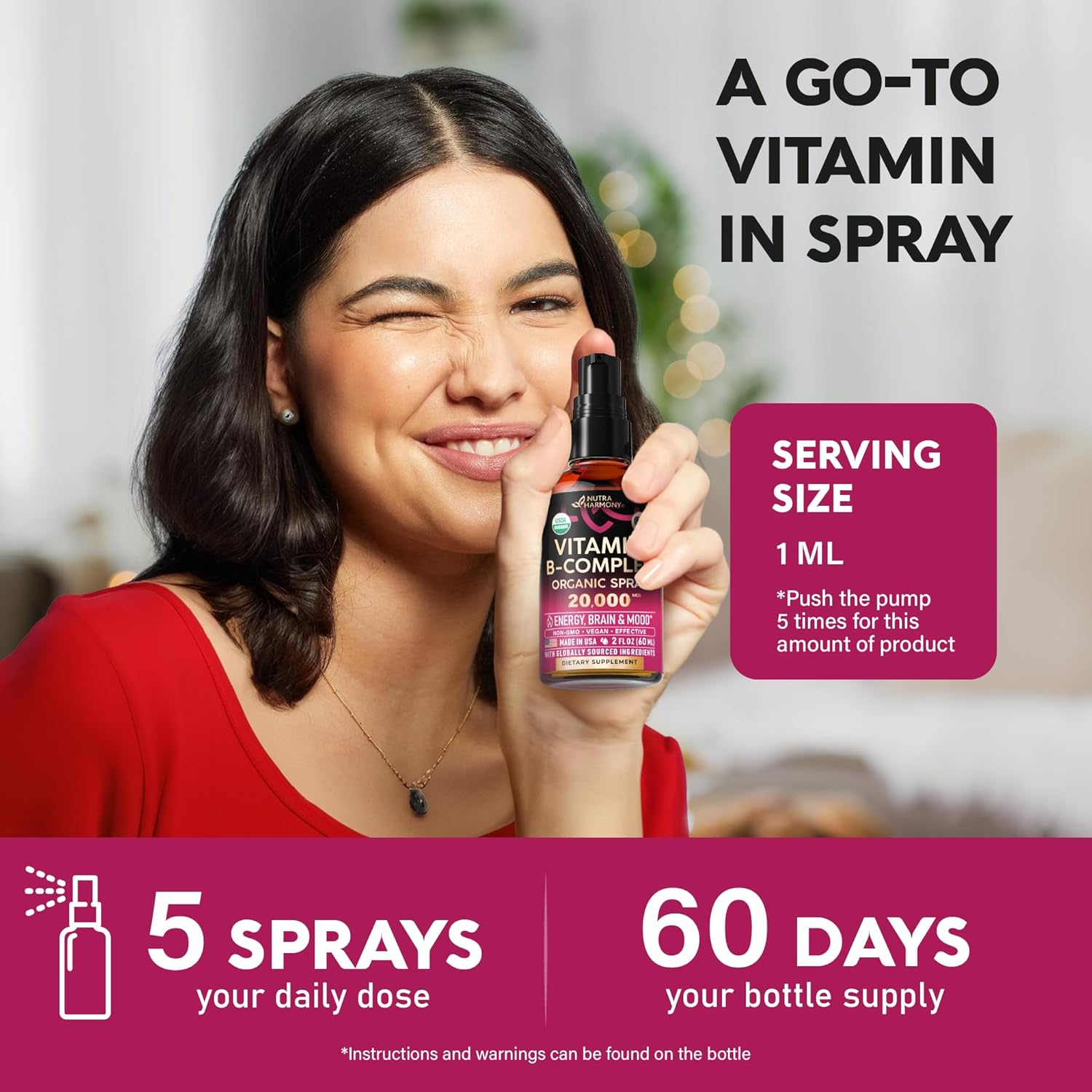 Spray de Complejo B Orgánico USDA - 8 Vitaminas B - Sabor Bayas - 60 ml