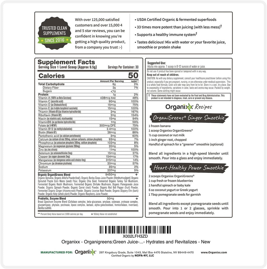 Organixx Greens Superfood Powder con Probióticos y Enzimas Digestivas - 283 g
