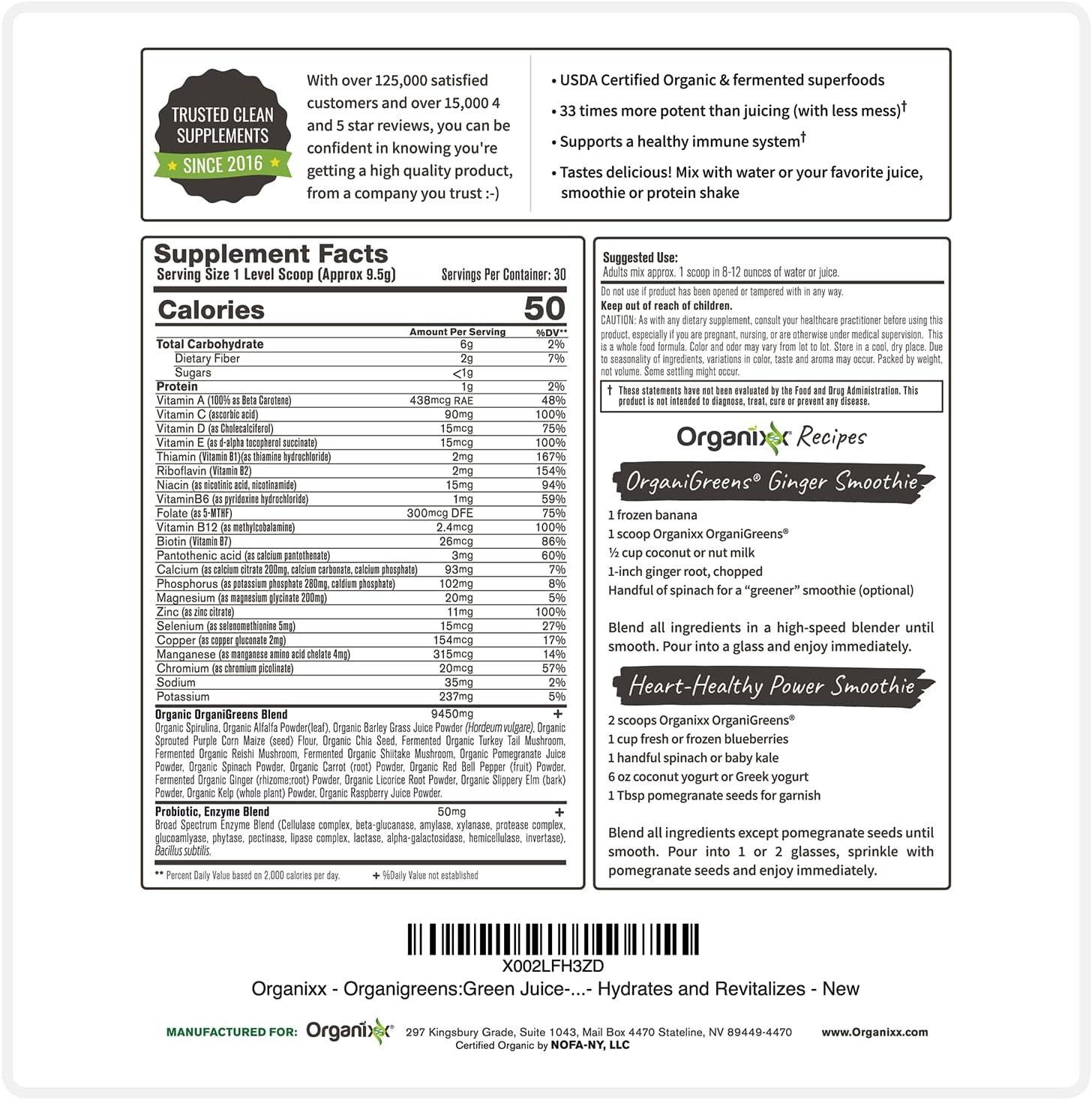 Organixx Greens Superfood Powder con Probióticos y Enzimas Digestivas - 283 g