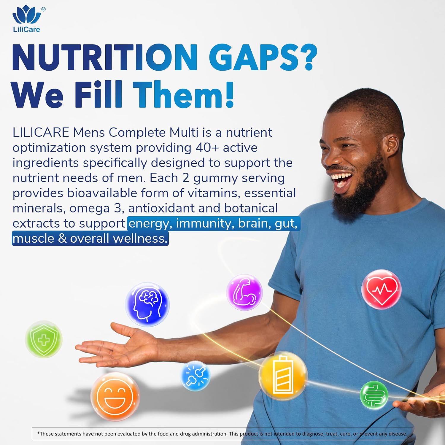 LILICARE Multivitamínico para Hombres en Gominolas | Complejo B, Omega 3 Vegano, Probióticos, Sin Azúcar (60 Gominolas)