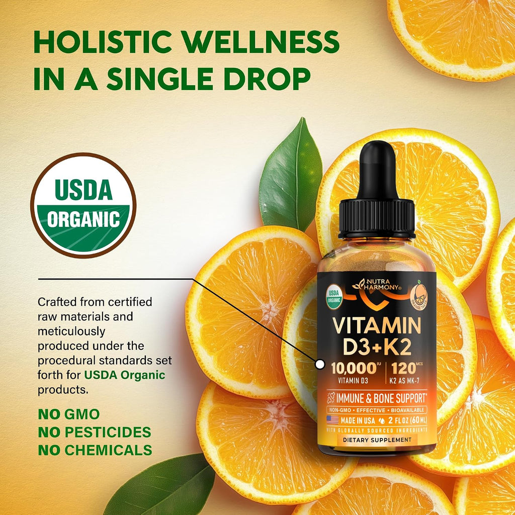 Vitamin D3 K2 USDA Organic Drops - Vitamina D3 10000 IU & K2 como MK-7 120mcg - Apoyo Inmune y de Ánimo, Salud de Huesos y Dientes - Sin Azúcar, Sabor Naranja - Suplemento Líquido - 60 ml, 60 Días