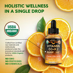 Vitamin D3 K2 USDA Organic Drops - Vitamina D3 10000 IU & K2 como MK-7 120mcg - Apoyo Inmune y de Ánimo, Salud de Huesos y Dientes - Sin Azúcar, Sabor Naranja - Suplemento Líquido - 60 ml, 60 Días