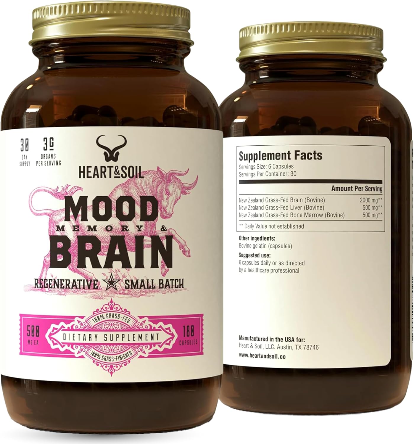 HEART & SOIL – Suplemento de Cerebro de Res 100% Pasto 3000 mg – Memoria y Concentración – 180 Cápsulas