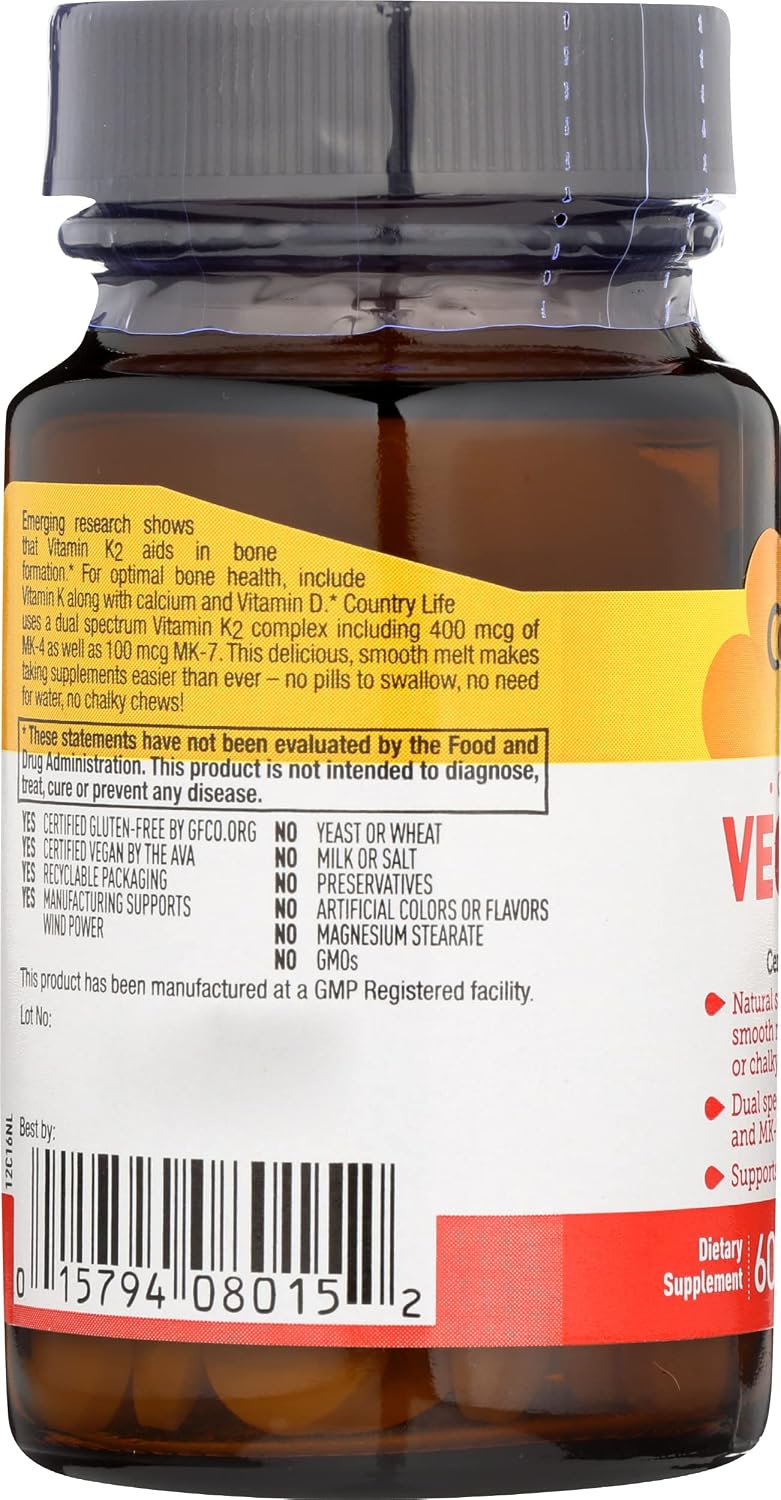 Country Life Vegan K2 Melts 500 mcg – 60 Comprimidos de Fusión Veganos