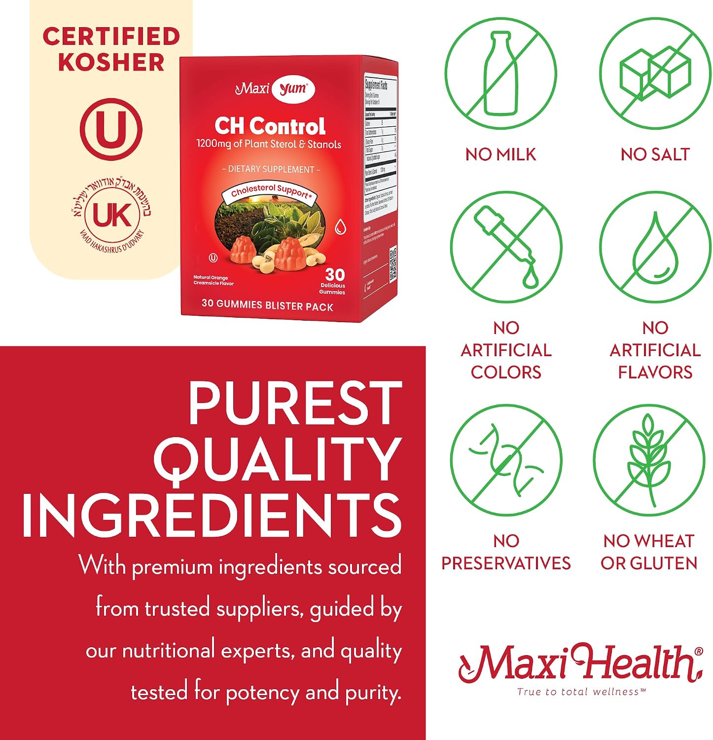 Maxi Health Gominolas de Esteroles Vegetales para el Colesterol – 1200mg de Esteroles y Estanoles – Suplemento Kosher y Sin Gluten – Sabor Naranja (30 unidades)