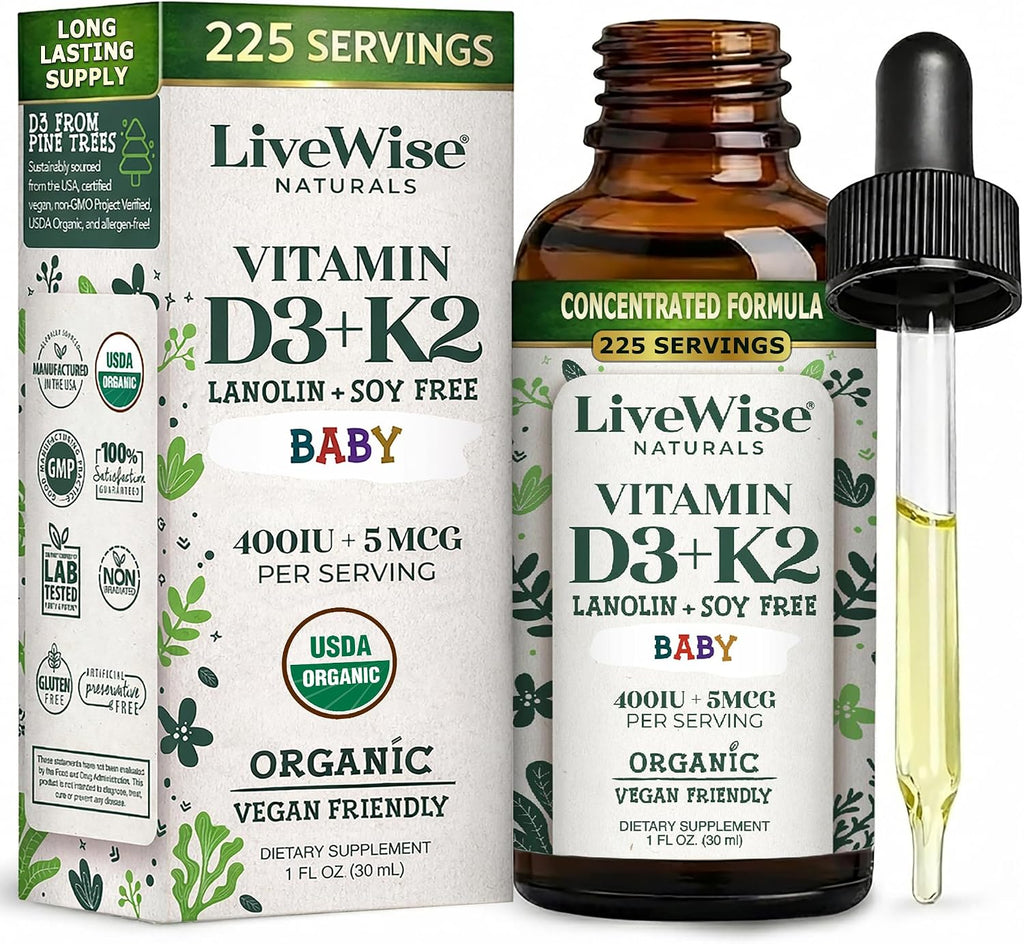 Live Wise Naturals Gotas Orgánicas de Vitamina D3 y K2 para Bebés (MK-7) - 225 Servicios