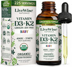 Live Wise Naturals Gotas Orgánicas de Vitamina D3 y K2 para Bebés (MK-7) - 225 Servicios