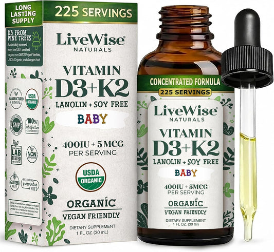 Live Wise Naturals Gotas Orgánicas de Vitamina D3 y K2 para Bebés (MK-7) - 225 Servicios