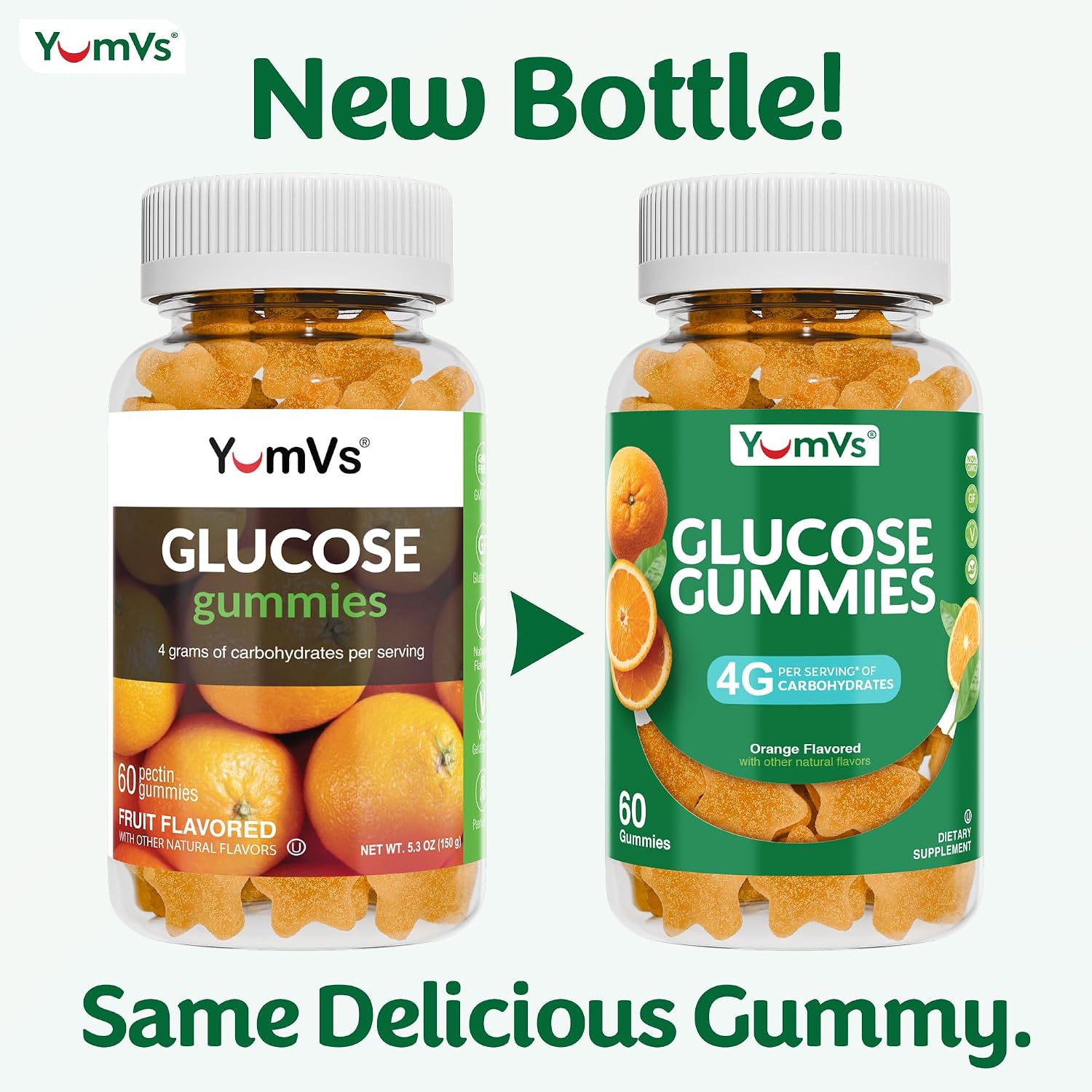 YUM-V'S Glucose Gummies – Gominolas de glucosa de acción rápida – Sabor naranja natural – 60 unidades