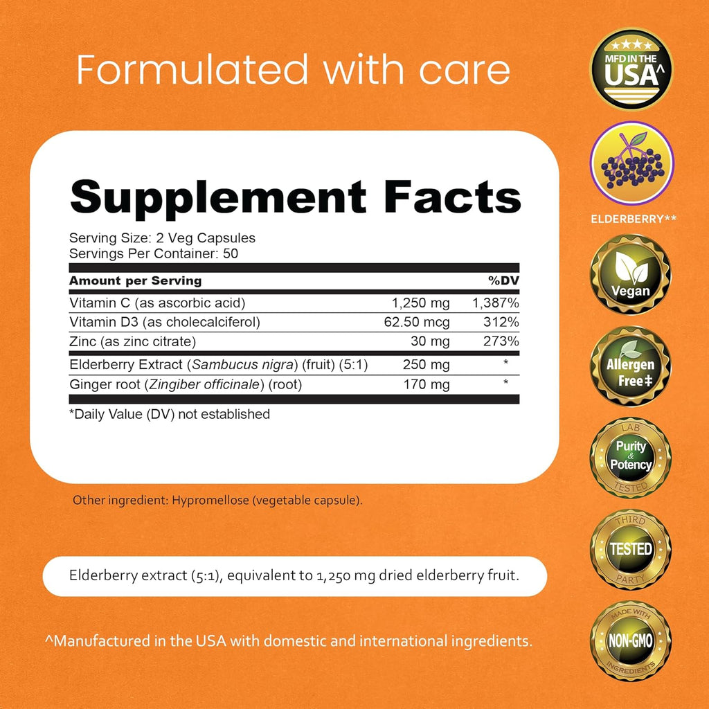NaturaLife Labs Vitamina C con Vitamina D3, Zinc, Saúco y Jengibre – 1.700 mg por ración – 100 Cápsulas Veganas