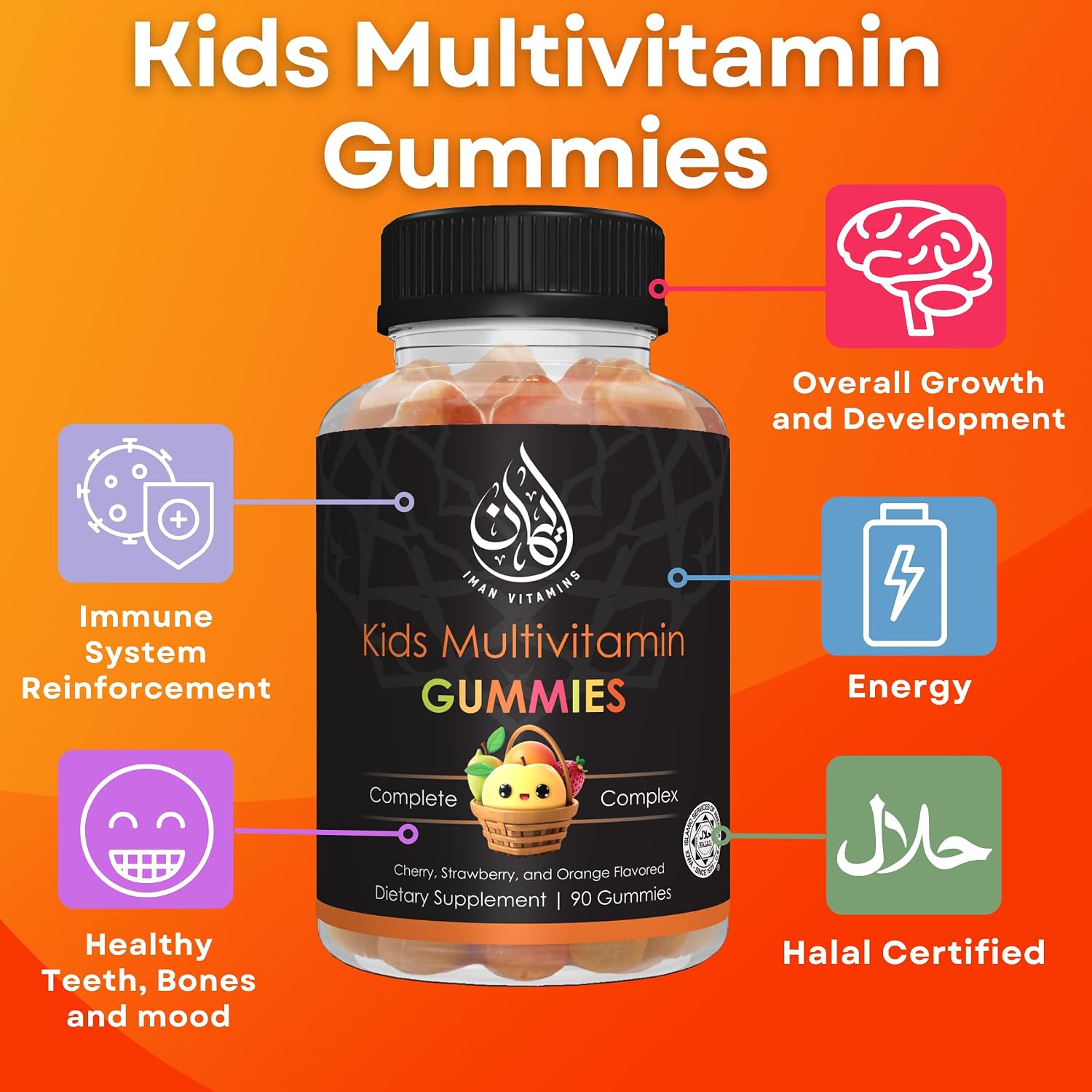 Iman Vitamins Gominolas Multivitamínicas Halal para Niños | Vitaminas C, D, Zinc, A, E, B6, B12, Biotina, Folato, Inositol | 90 Gominolas