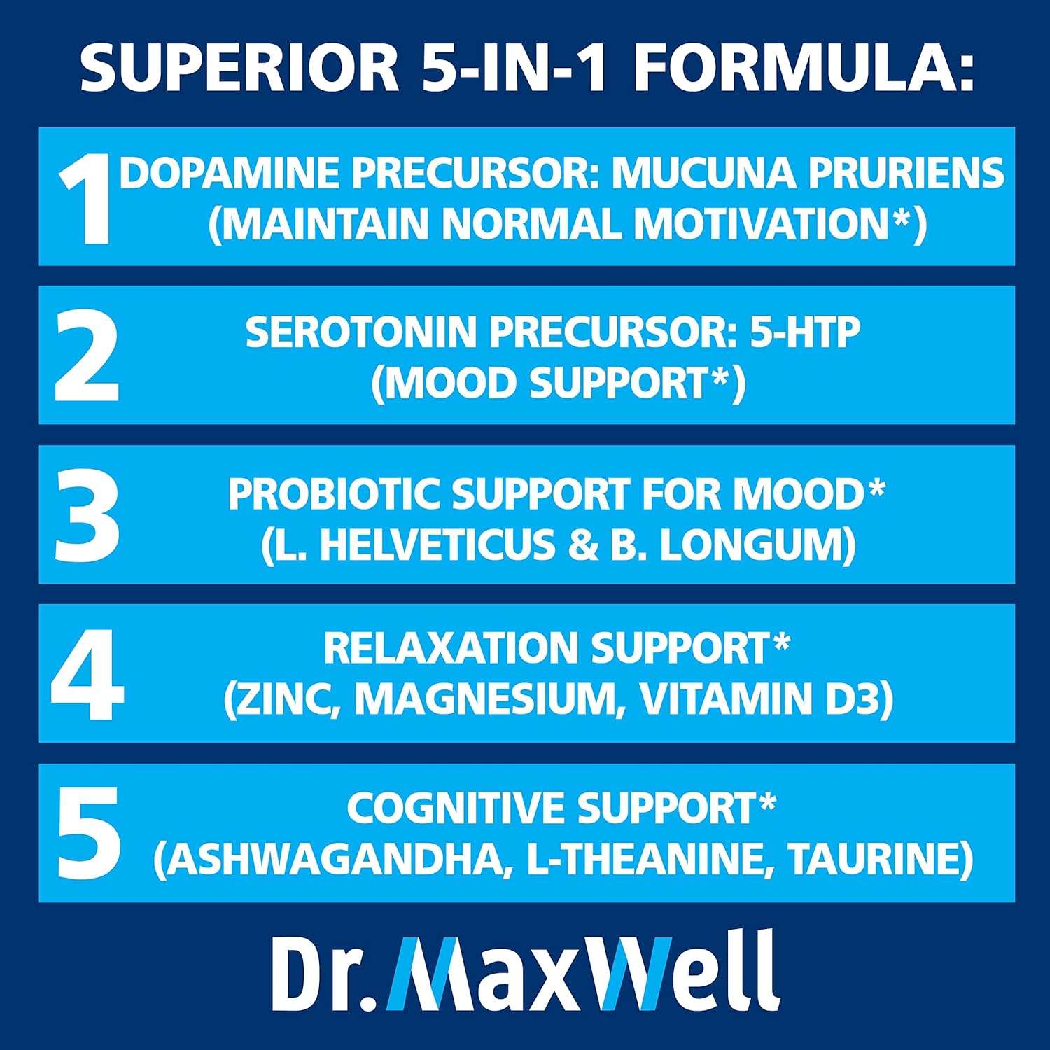 Dr. Maxwell Serotonina y Dopamina - Suplemento 5 en 1 con Probiótico para el Estado de Ánimo, Relajación y Concentración, 60 Cápsulas