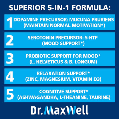 Dr. Maxwell Serotonina y Dopamina - Suplemento 5 en 1 con Probiótico para el Estado de Ánimo, Relajación y Concentración, 60 – Image 4