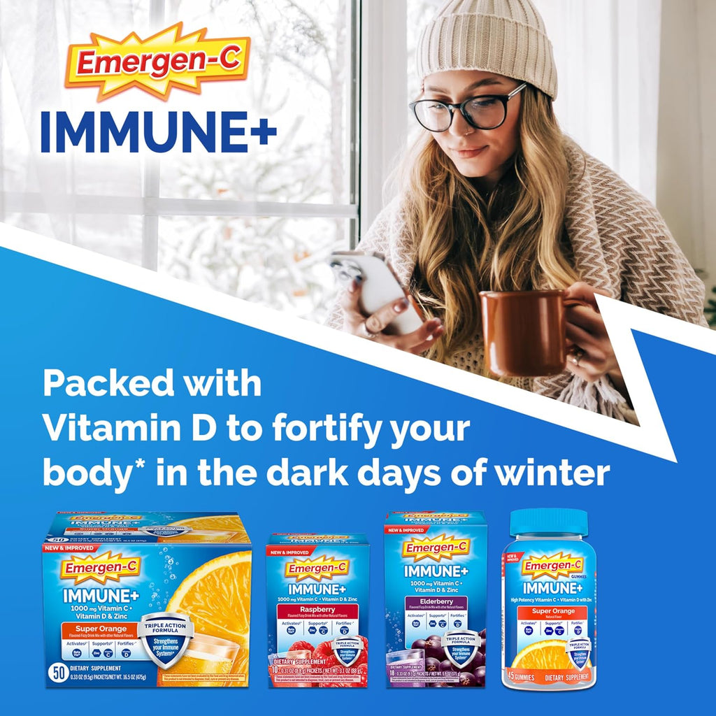Emergen-C Immune+ Triple Action Gominolas de Apoyo Inmunitario, con BetaVia, 750 mg de Vitamina C, Vitaminas B, Vitamina D y Antioxidantes, Sabor Super Naranja - 45 Unidades