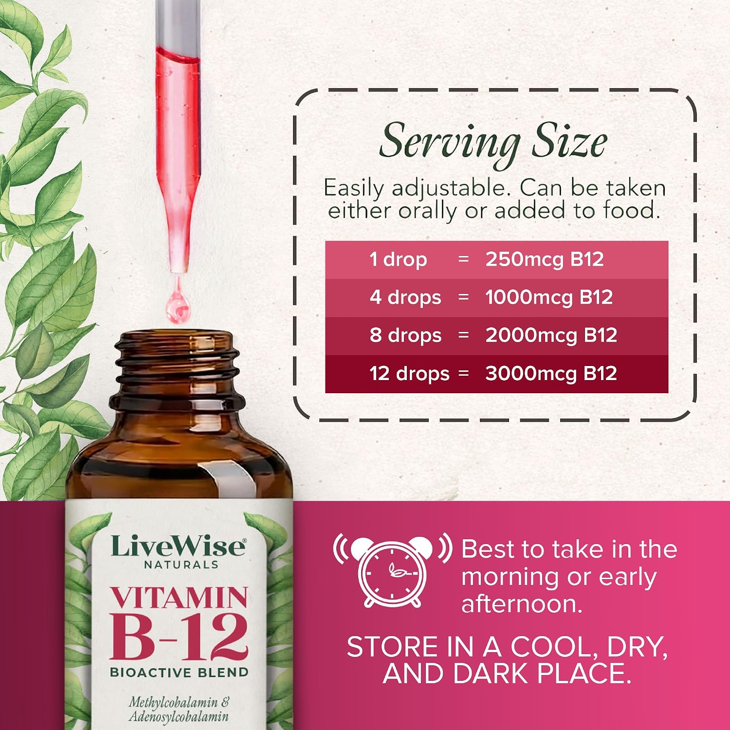 Vitamin B12 1000 mcg Organic Liquid Sublingual - Methylcobalamin & Adenosylcobalamin - 2 fl oz (1 Year Supply)