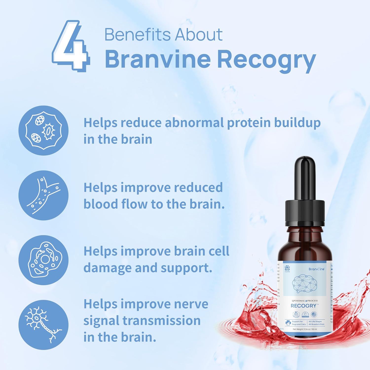 Recogry Líquido Apoyo Cognitivo para Perros y Gatos con Astaxantina, Fosfatidilserina, Alfa-GPC y DHA (90 ml)
