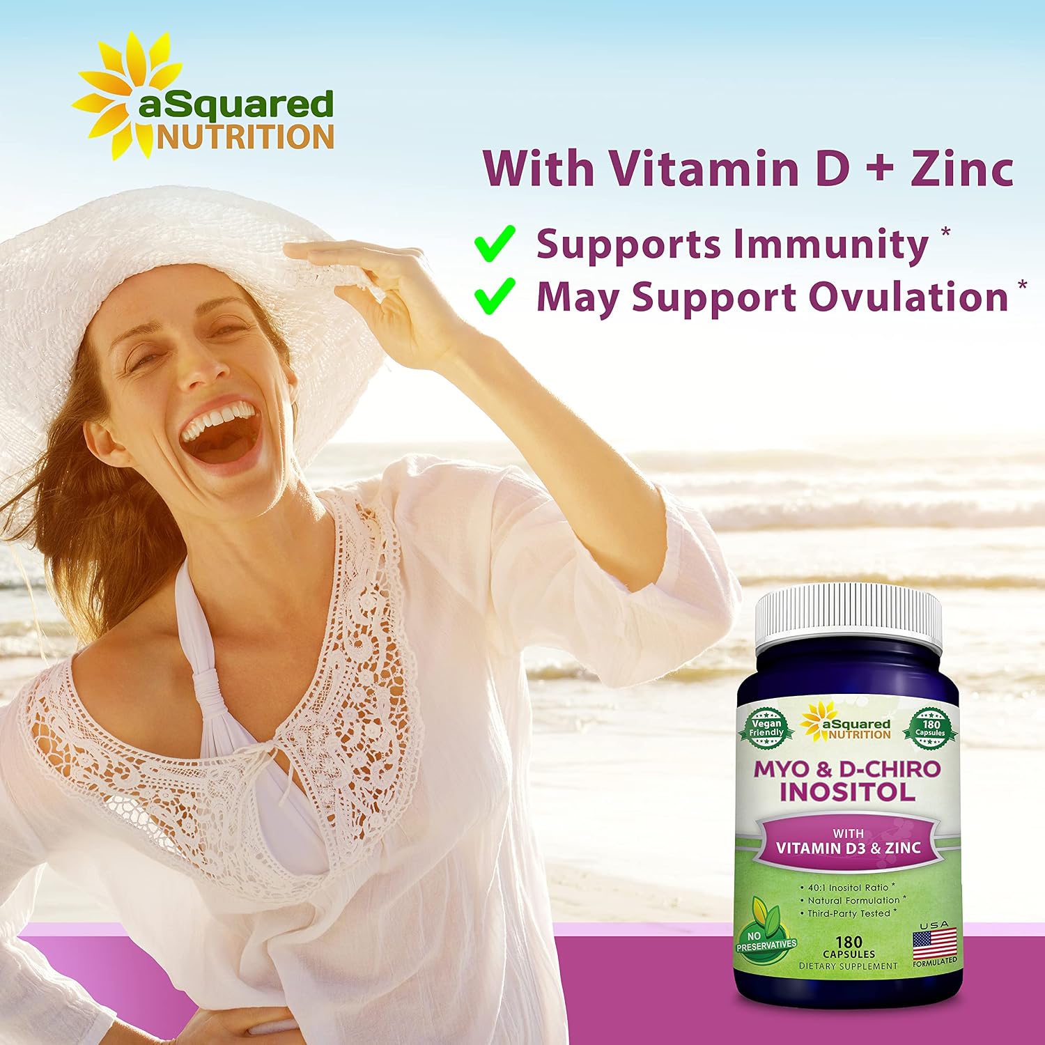 aSquared Nutrition Myo-Inositol & D-Chiro Inositol 40:1 con Vitamina D3 y Zinc - 180 Cápsulas