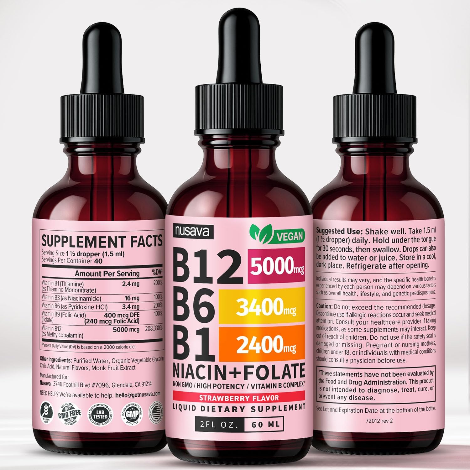 NUSAVA (4 Pack) Gotas de Vitamina B12 Líquida 5000mcg - Complejo B con B6 y B1 - Metilcobalamina - Vegano, Sin OGM, Sabor Fresa (2 oz, 160 dosis)