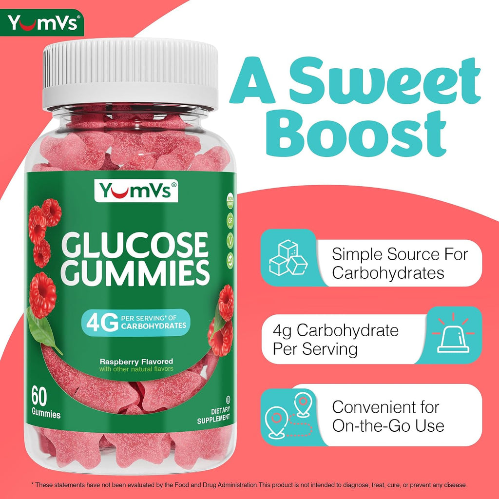 YUM-V'S Glucose Gummies – Gominolas de Glucosa de Acción Rápida – 60 Gominolas Masticables – Sabor Natural a Bayas – Vegano, Sin Gluten