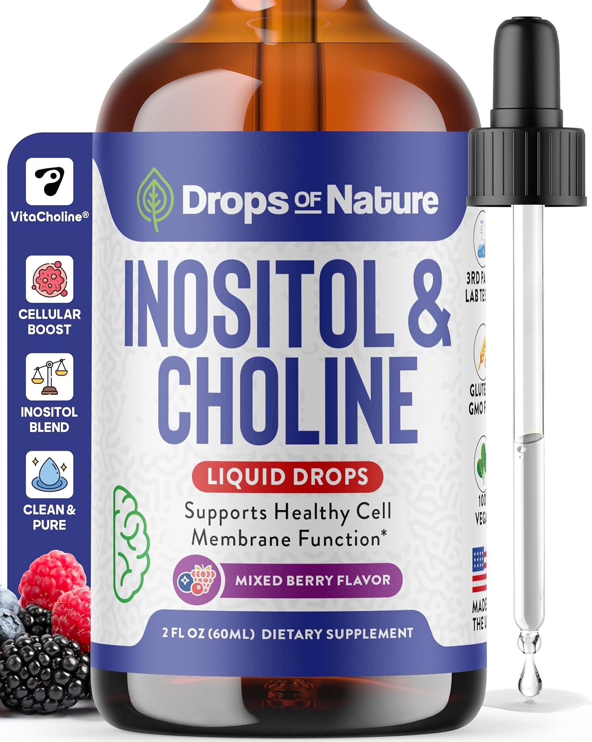 Gotas Líquidas de Inositol y Colina – Vegano, No GMO, Fácil de Tomar – Suplemento de Inositol de Absorción Mejorada – Vitaminas Prenatales para Mujeres – Apoya la Salud Celular y el Bienestar General (Frutos Rojos, 60ml)
