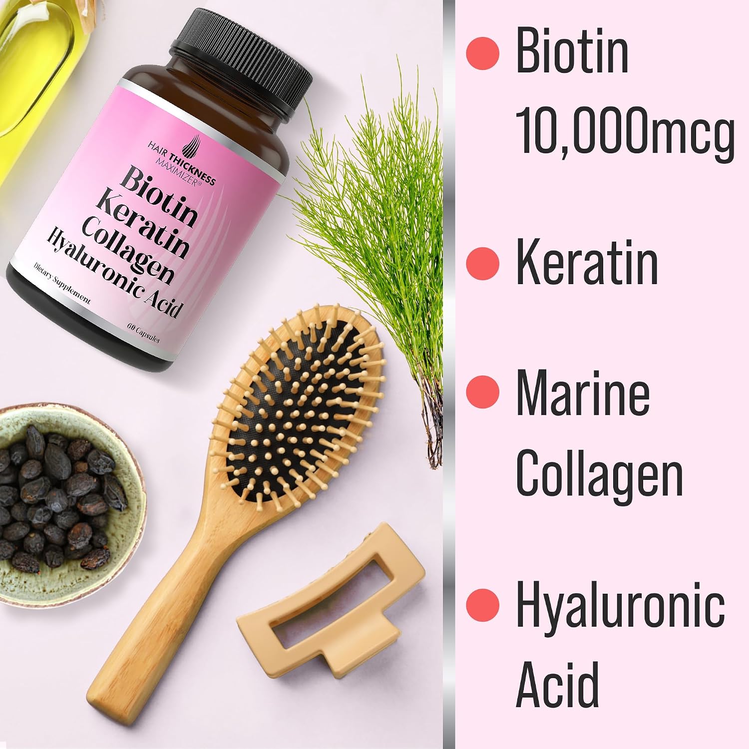 Suplemento de Biotina 10.000 mcg con Keratina, Colágeno Marino y Ácido Hialurónico - 4 en 1 para Cabello, Piel y Uñas