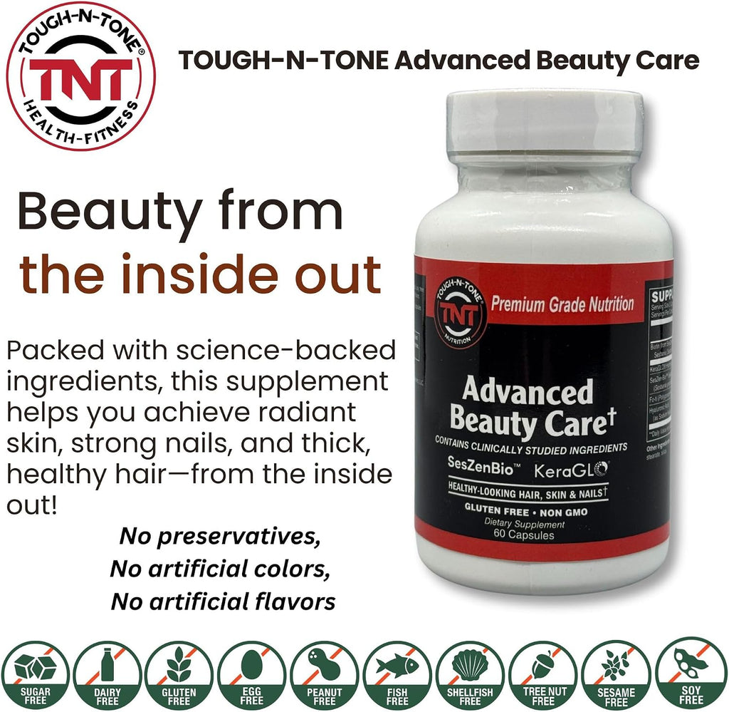 TOUGH-N-TONE Advanced Beauty Care - Biotina Vegana con SesZen-Bio®, KeraGLO® Queratina, Fo-Ti y Ácido Hialurónico - Suplemento para Cabello, Piel y Uñas - Sin OGM y Sin Gluten