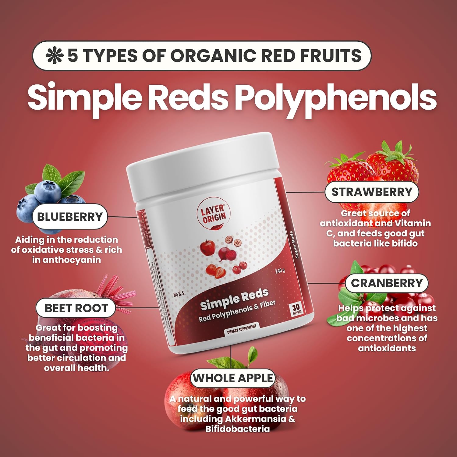 Simple Reds - Polvo de Frutas Enteras Orgánicas con Polifenoles Rojos | Solo Frutas Rojas Reales sin Rellenos | 30 Porciones