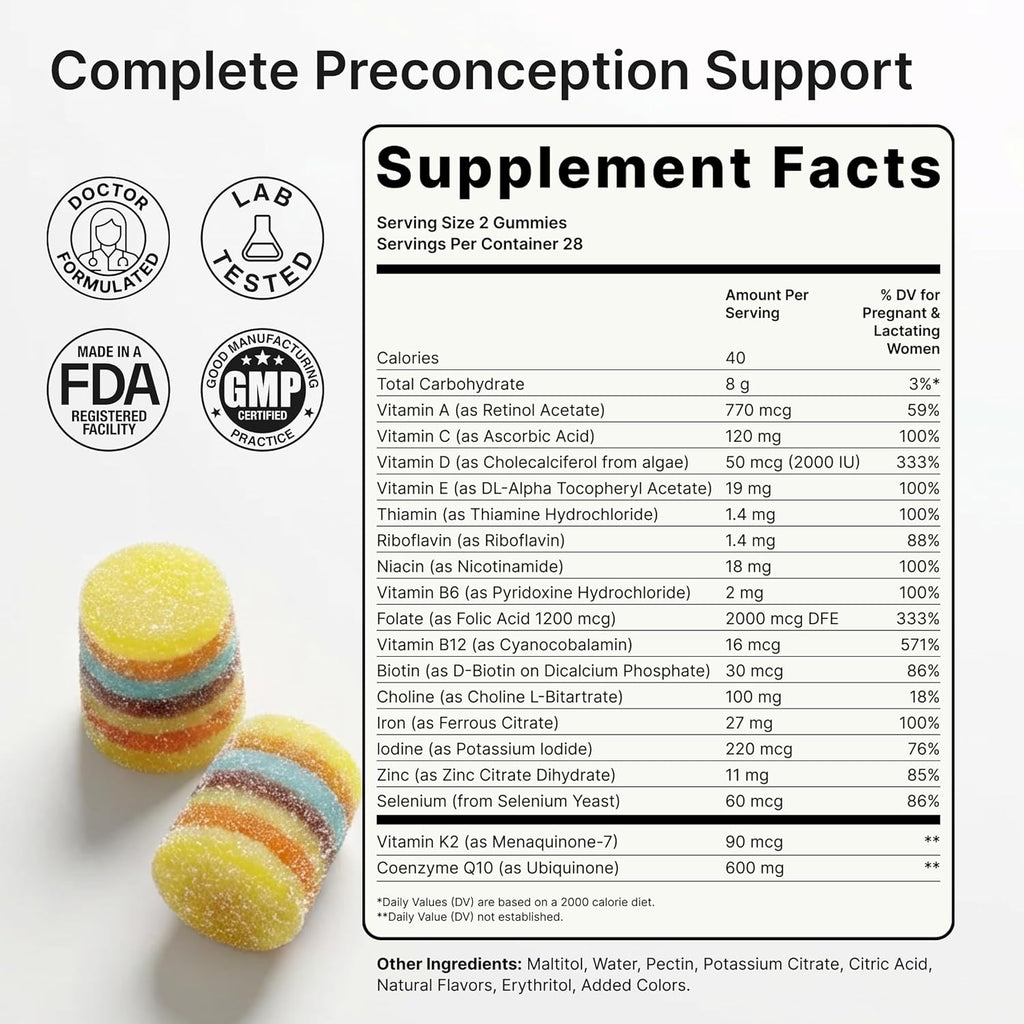 Create for Women | Gominolas de Fertilidad Formuladas por Médicos | 600mg CoQ10 + 27mg Hierro + 1200mcg Ácido Fólico | Vegano y Sin Azúcar Añadido