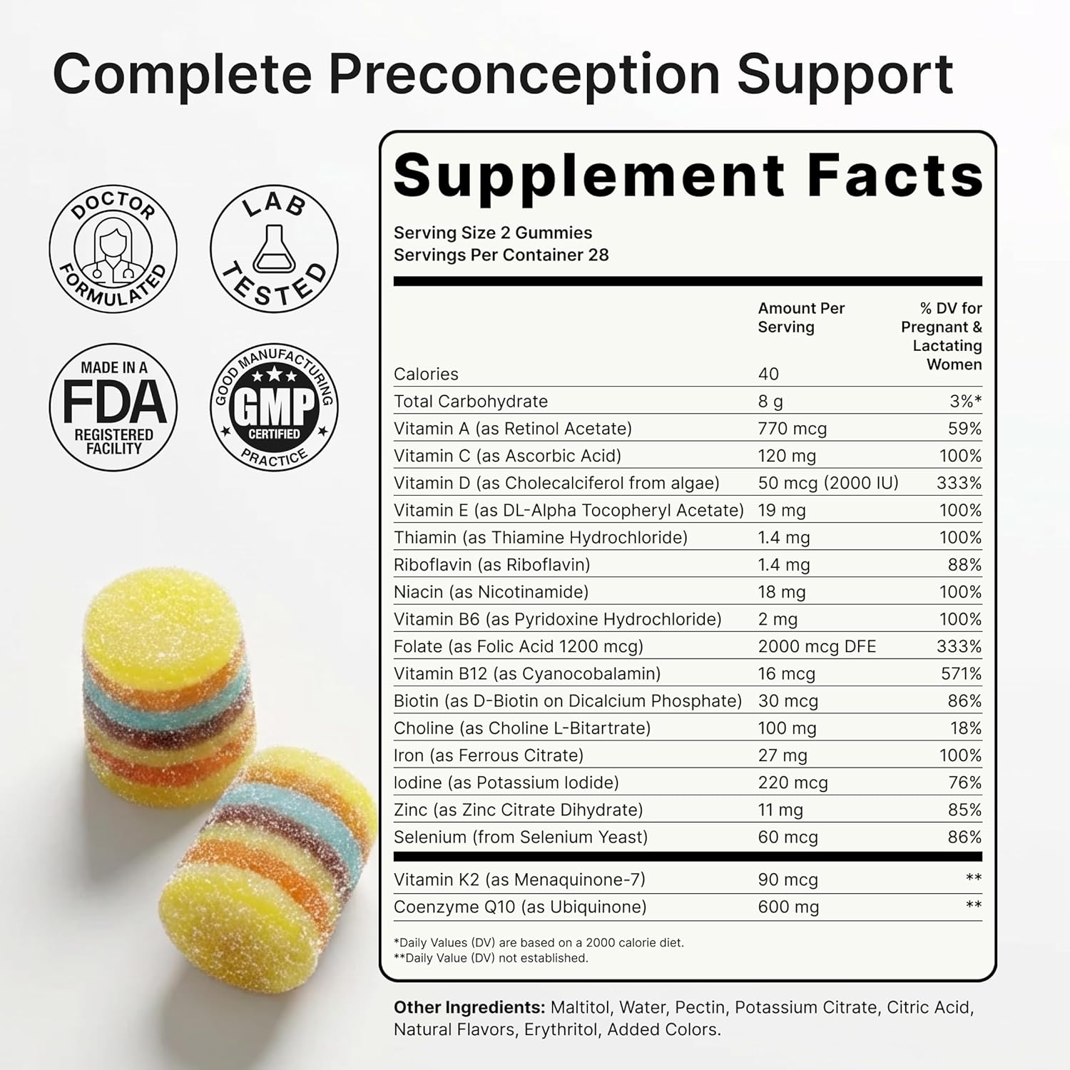 Create for Women | Gominolas de Fertilidad Formuladas por Médicos | 600mg CoQ10 + 27mg Hierro + 1200mcg Ácido Fólico | Vegano y Sin Azúcar Añadido