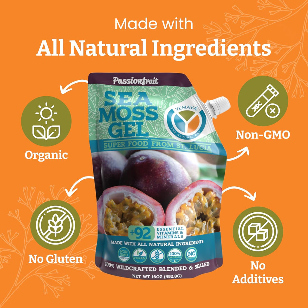 Yemayá Organic Sea Moss Gel - Wildcrafted con Fruta Real, Sabor Maracuyá, 473 ml