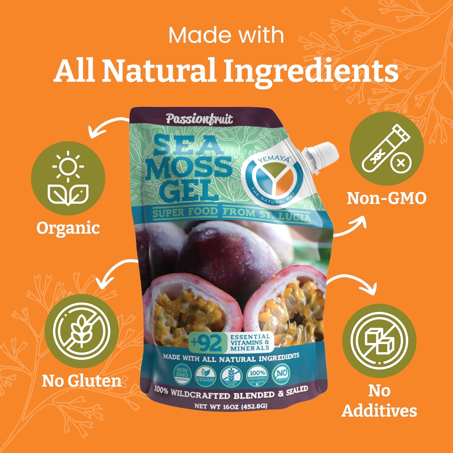 Yemayá Organic Sea Moss Gel - Wildcrafted con Fruta Real, Sabor Maracuyá, 473 ml