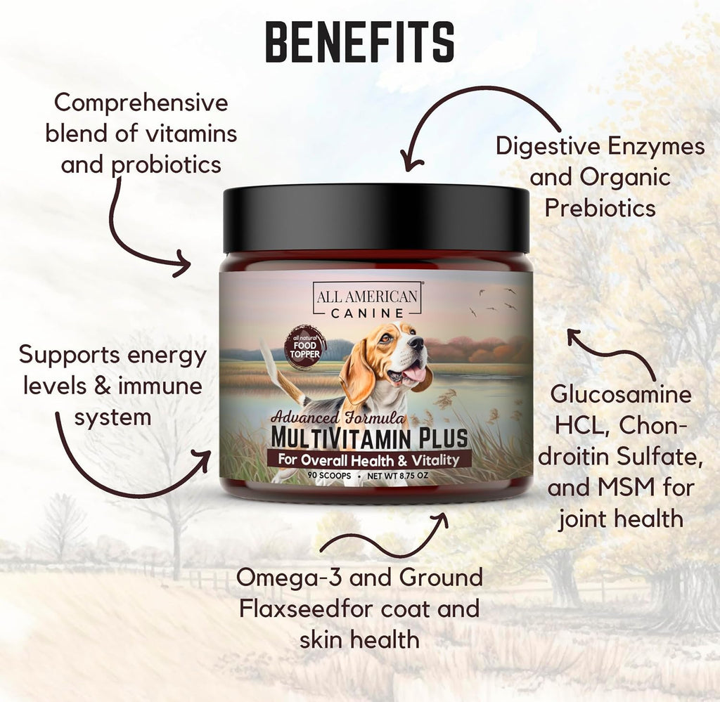 All American Canine Multivitamin Powder - Glucosamina y Condroitina para Articulaciones, Enzimas Digestivas y Probióticos, Sabor a Carne de Res, 90 Servicios