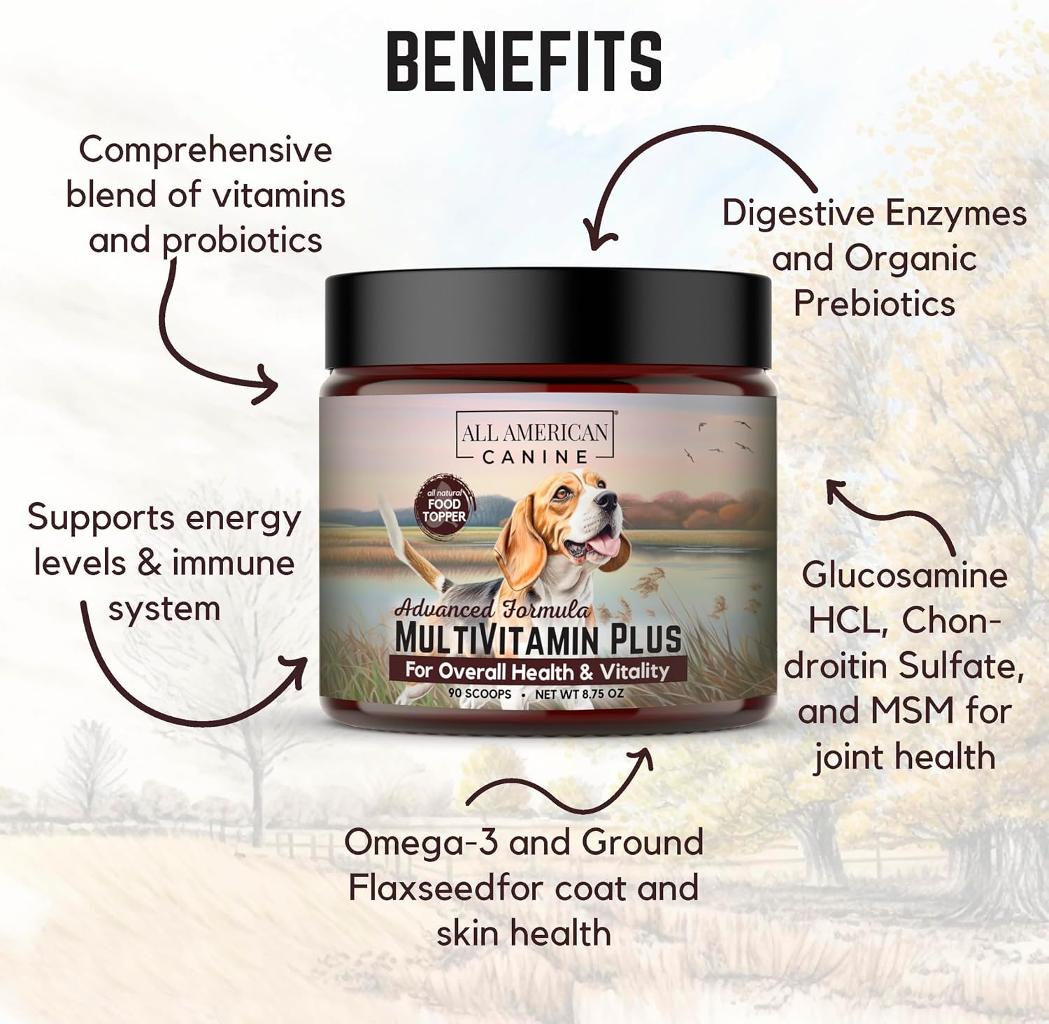 All American Canine Multivitamin Powder - Glucosamina y Condroitina para Articulaciones, Enzimas Digestivas y Probióticos, Sabor a Carne de Res, 90 Servicios