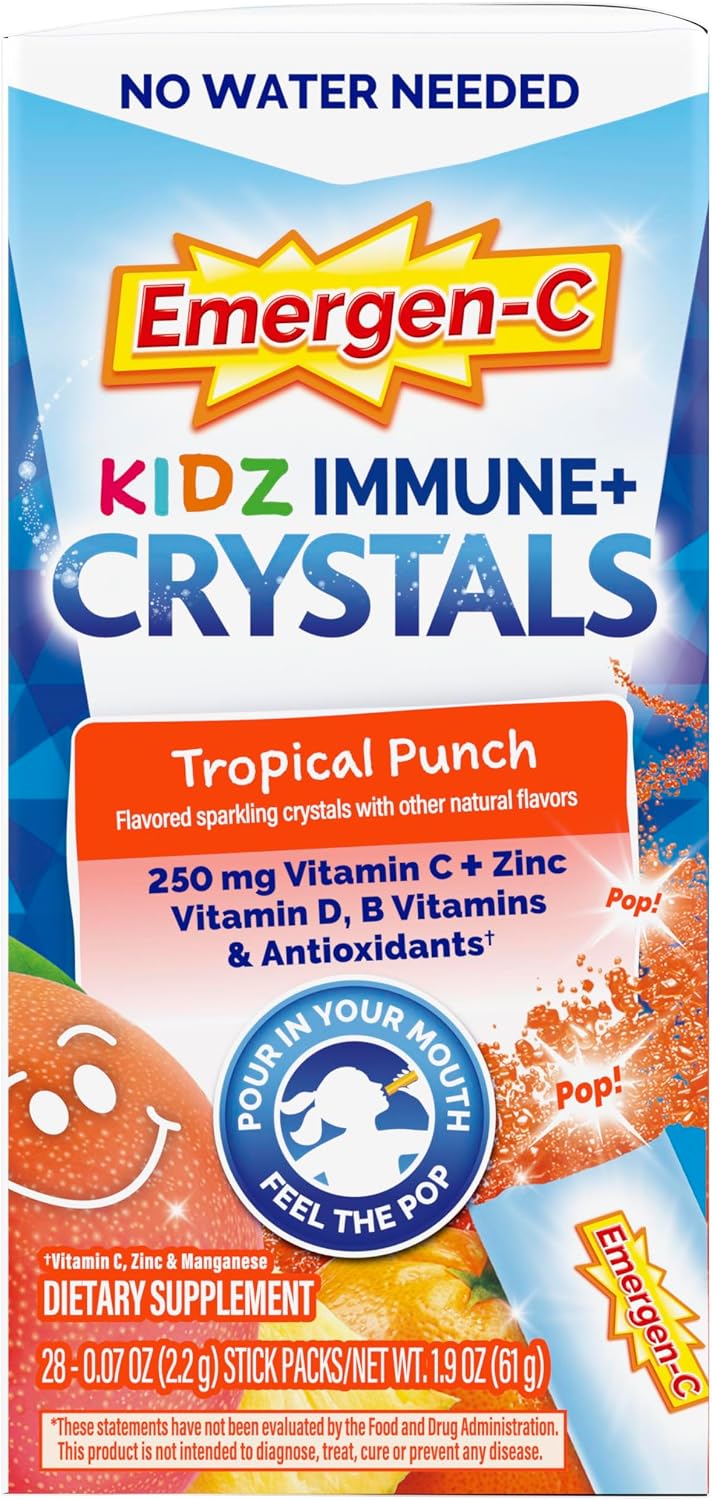 Emergen-C Kidz Immune Plus Crystals, Sobres de apoyo inmunitario con vitamina C, D, vitaminas del grupo B, zinc y manganeso, sabor Tropical Punch - 28 sobres