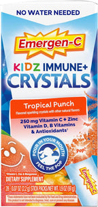Emergen-C Kidz Immune Plus Crystals, Sobres de apoyo inmunitario con vitamina C, D, vitaminas del grupo B, zinc y manganeso, sabor Tropical Punch - 28 sobres