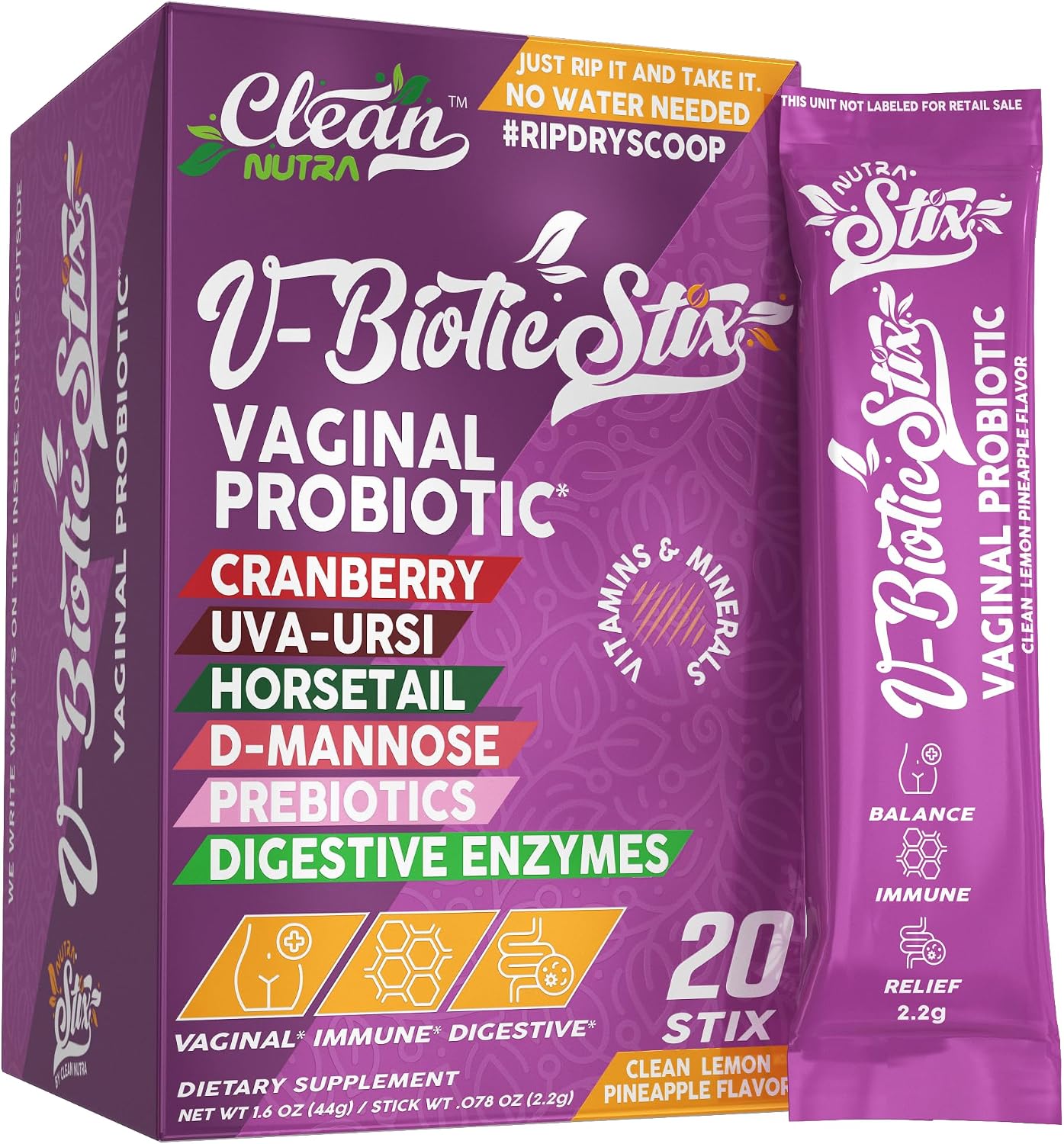 Clean Nutraceuticals Probióticos Vaginales para Mujeres con Extracto de Arándano, D-Manosa, Prebióticos, Equilibrio del pH, Salud Vaginal – Alternativa Probiótica Femenina a las Gominolas - 20 Sticks