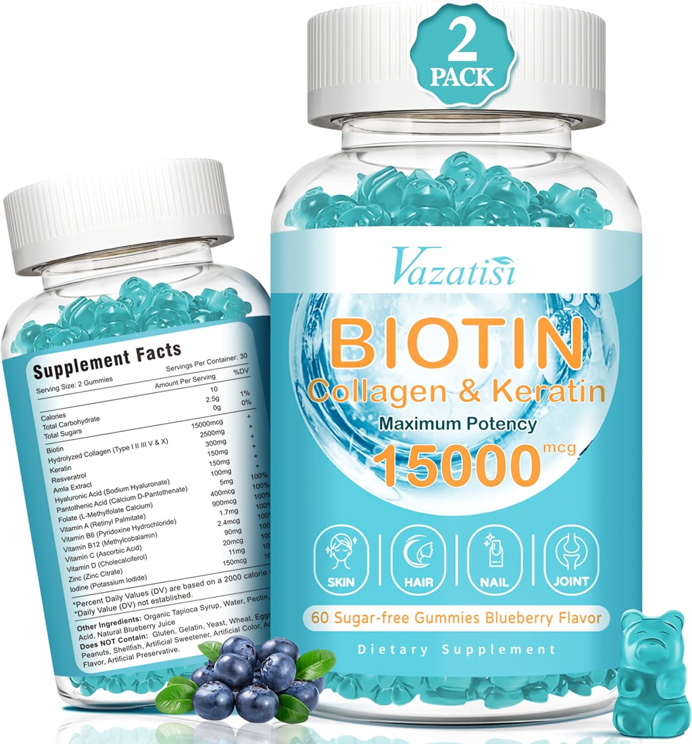 Gominolas de Biotina con Colágeno, para Cabello, Piel y Uñas - Sabor Arándano, Sin Azúcar, 60 unidades