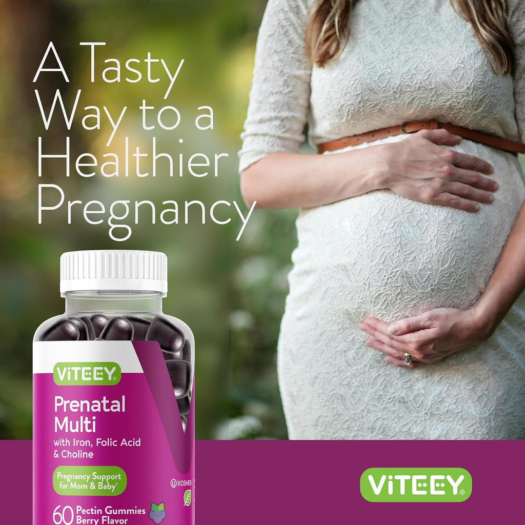 Viteey Prenatal Gummies for Women - Prenatal with Iron | for Pregnancy with Choline & Folic Acid Gummies - Vegetarian, Gluten Free - 60 Count