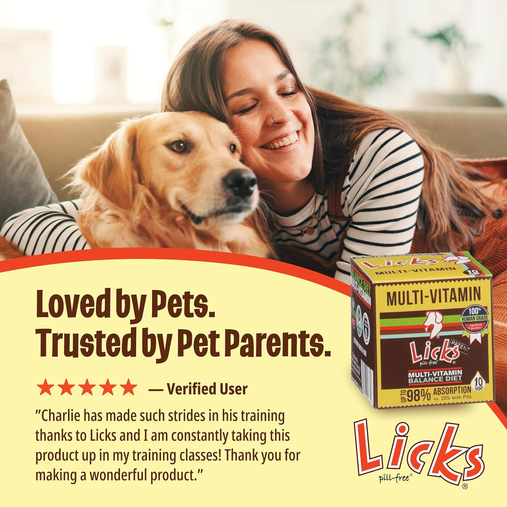 Licks Multi-Vitamin - Apoyo Nutricional Diario para Cachorros, Adultos y Seniors - Multivitamínico Canino con Calcio, Vitaminas A, D, E y B12 - Sobres en Gel Sin Pastillas - 10 Sobres
