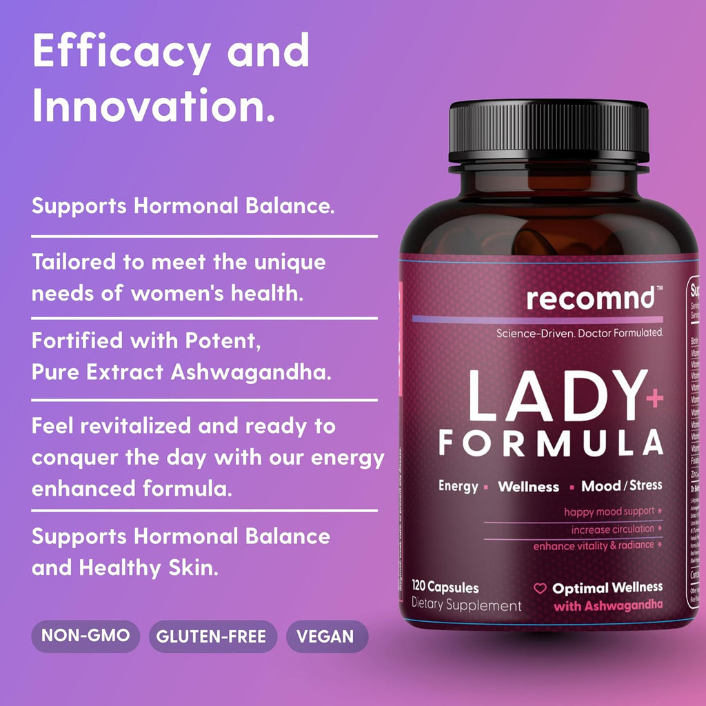 recomnd Lady+ Formula - Multivitamínico para Mujeres con Ashwagandha y Lion's Mane, 120 Cápsulas