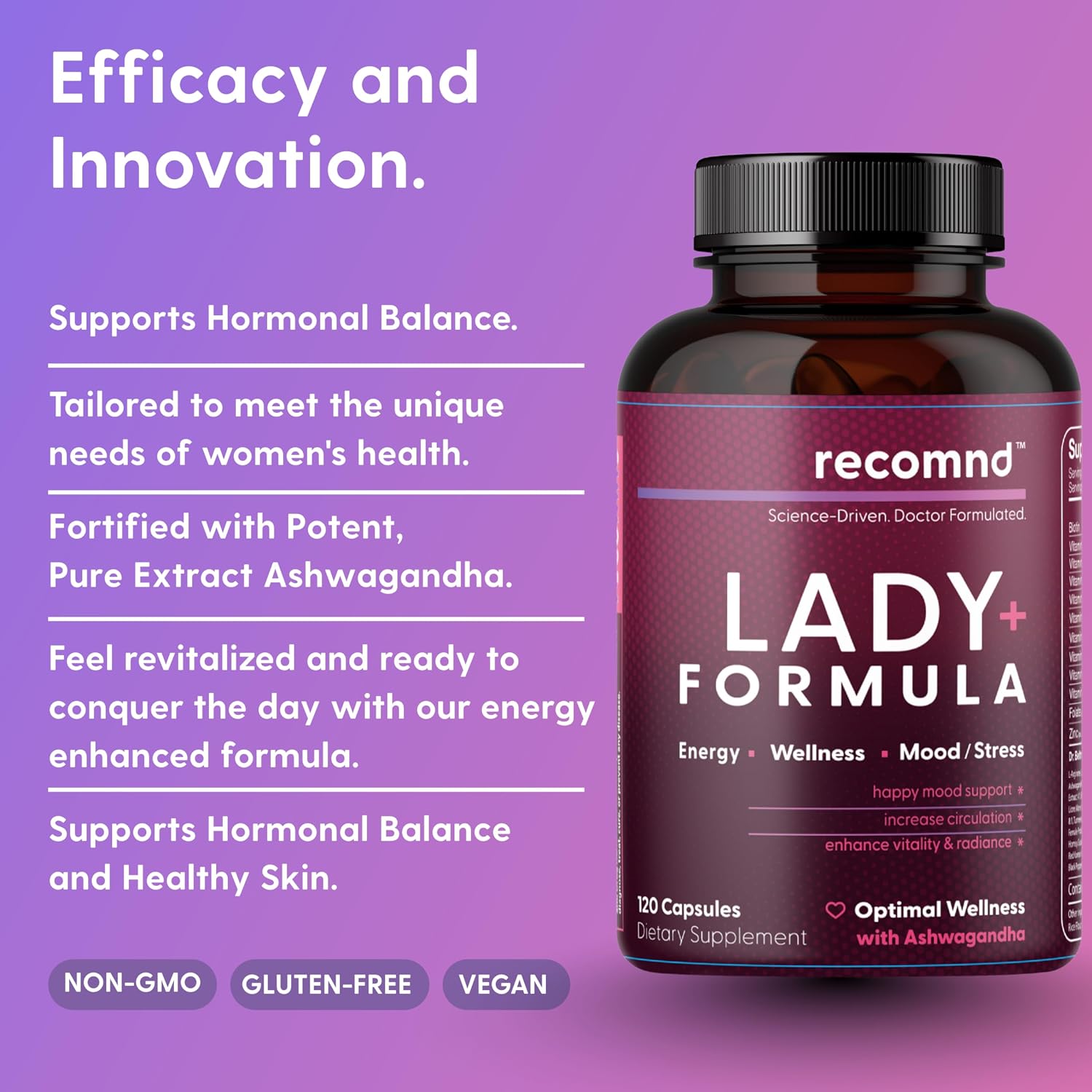 recomnd Lady+ Formula - Multivitamínico para Mujeres con Ashwagandha y Lion's Mane, 120 Cápsulas