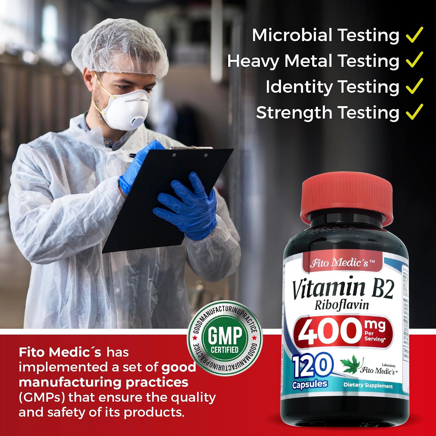 FITO MEDIC'S Lab | Vitamina B2 | 120 Cápsulas | 400 mg | Riboflavina de Alta Absorción