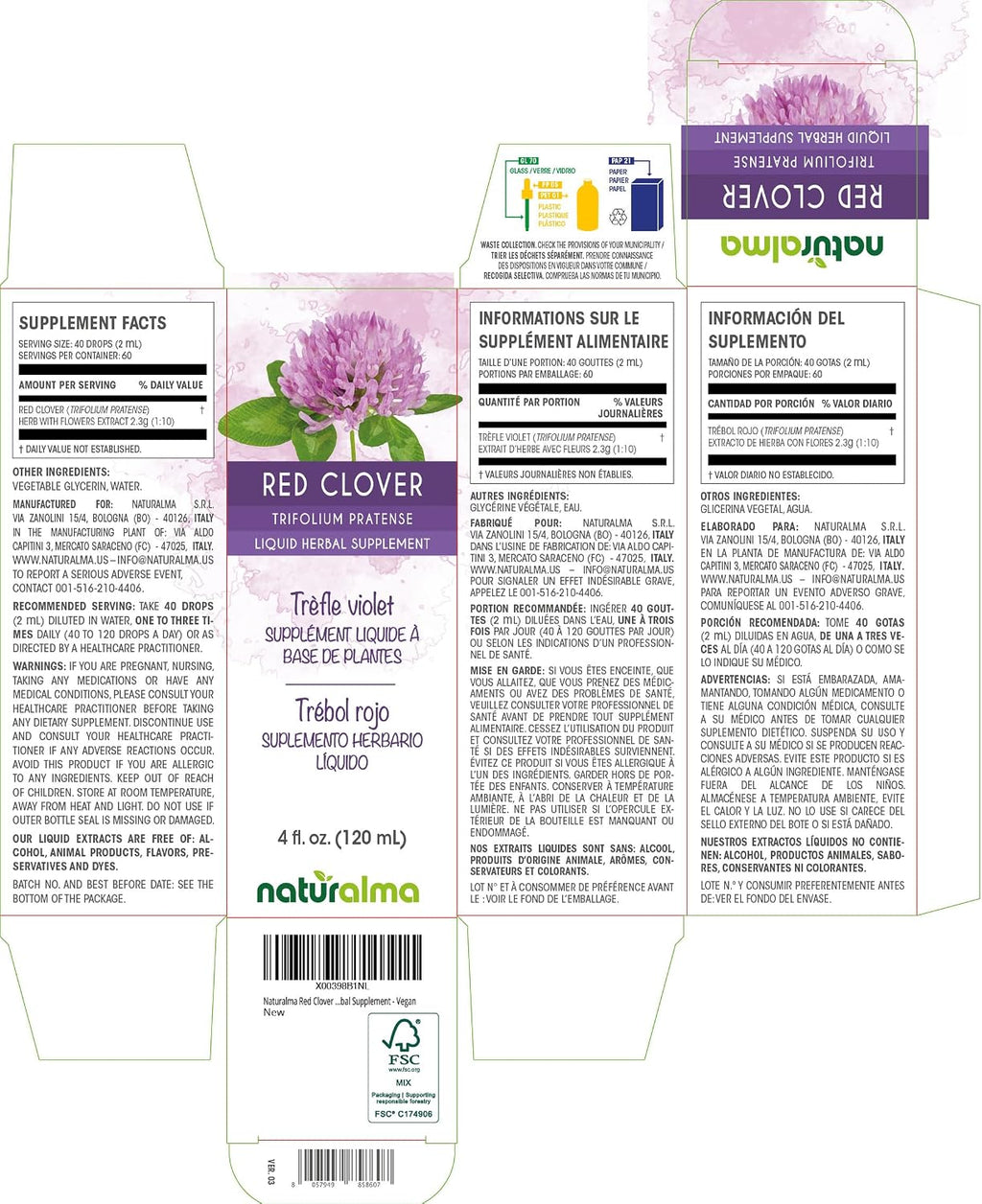Naturalma Trébol Rojo (Trifolium pratense) Extracto Líquido Sin Alcohol - 118 ml