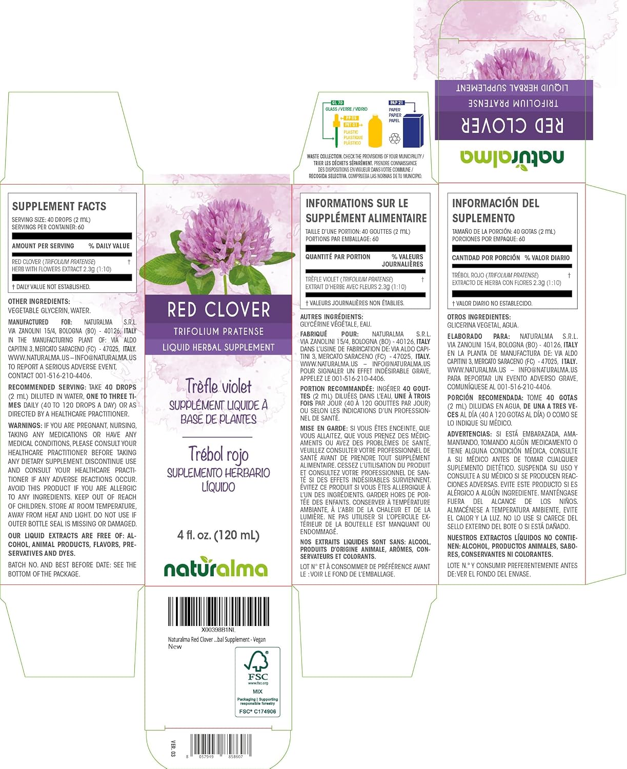 Naturalma Trébol Rojo (Trifolium pratense) Extracto Líquido Sin Alcohol - 118 ml