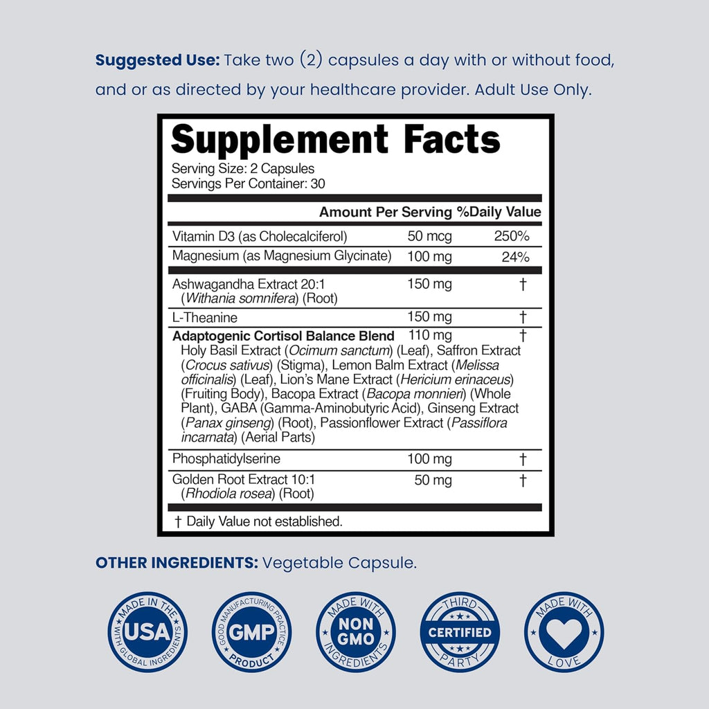 Cortisol Support 14 en 1 | Suplemento para el Equilibrio del Cortisol y el Estado de Ánimo | 60 Cápsulas