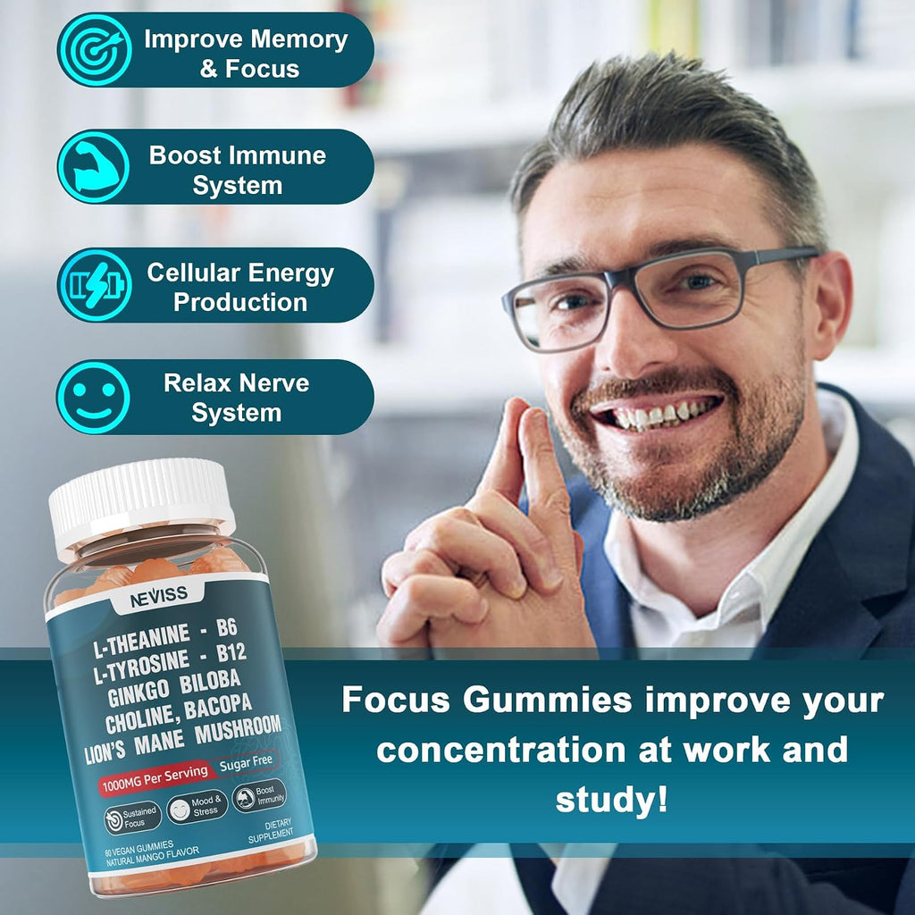 NEVISS Gominolas Brain Focus Sin Azúcar - L-Tirosina 300mg, L-Teanina 200mg, Vitamina B6 100mg, B12 500mcg, Ginkgo Biloba, Rhodiola Rosea, Lion's Mane - 1 Pack