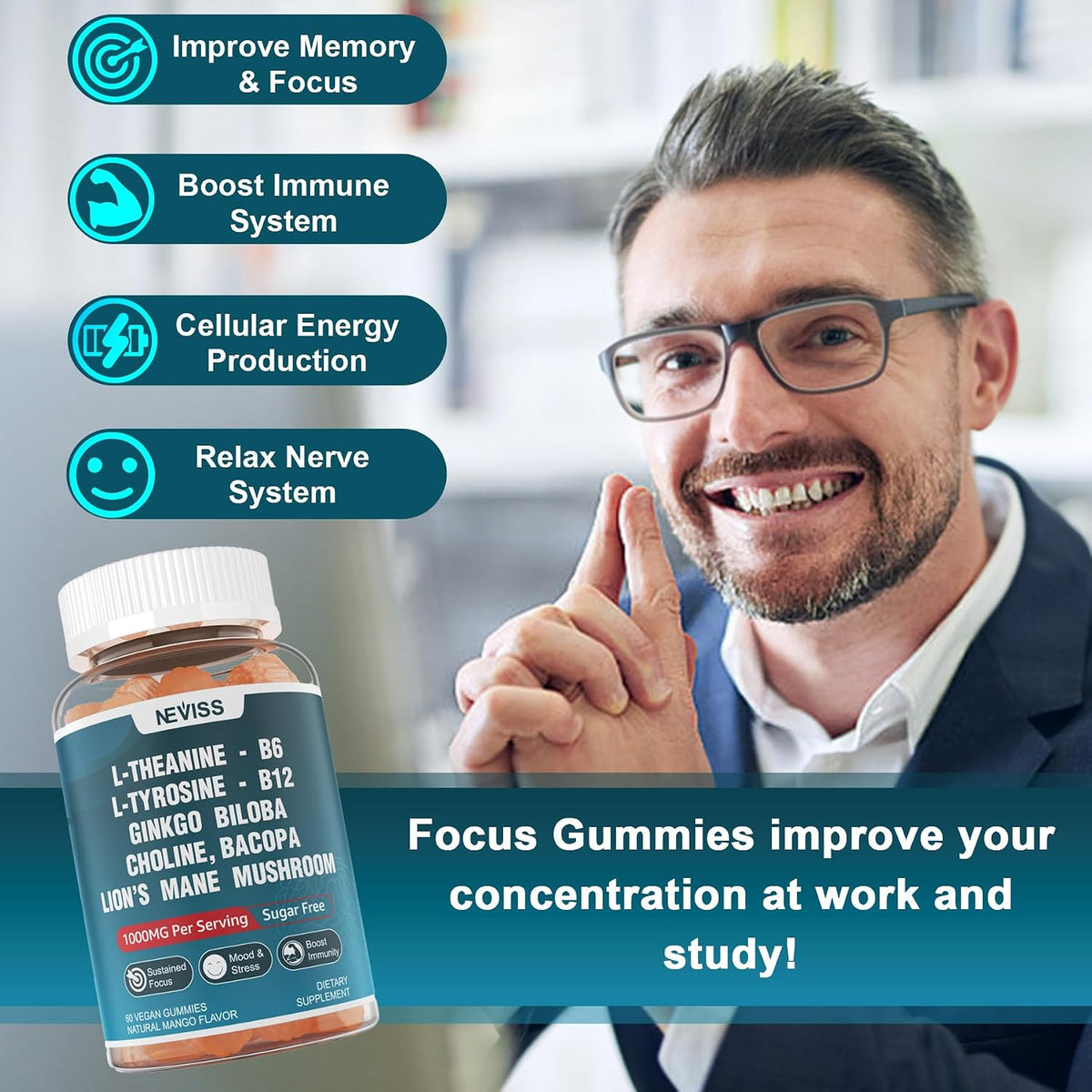 NEVISS Gominolas Brain Focus Sin Azúcar - L-Tirosina 300mg, L-Teanina 200mg, Vitamina B6 100mg, B12 500mcg, Ginkgo Biloba, Rhodiola Rosea, Lion's Mane - 1 Pack - görsel 4