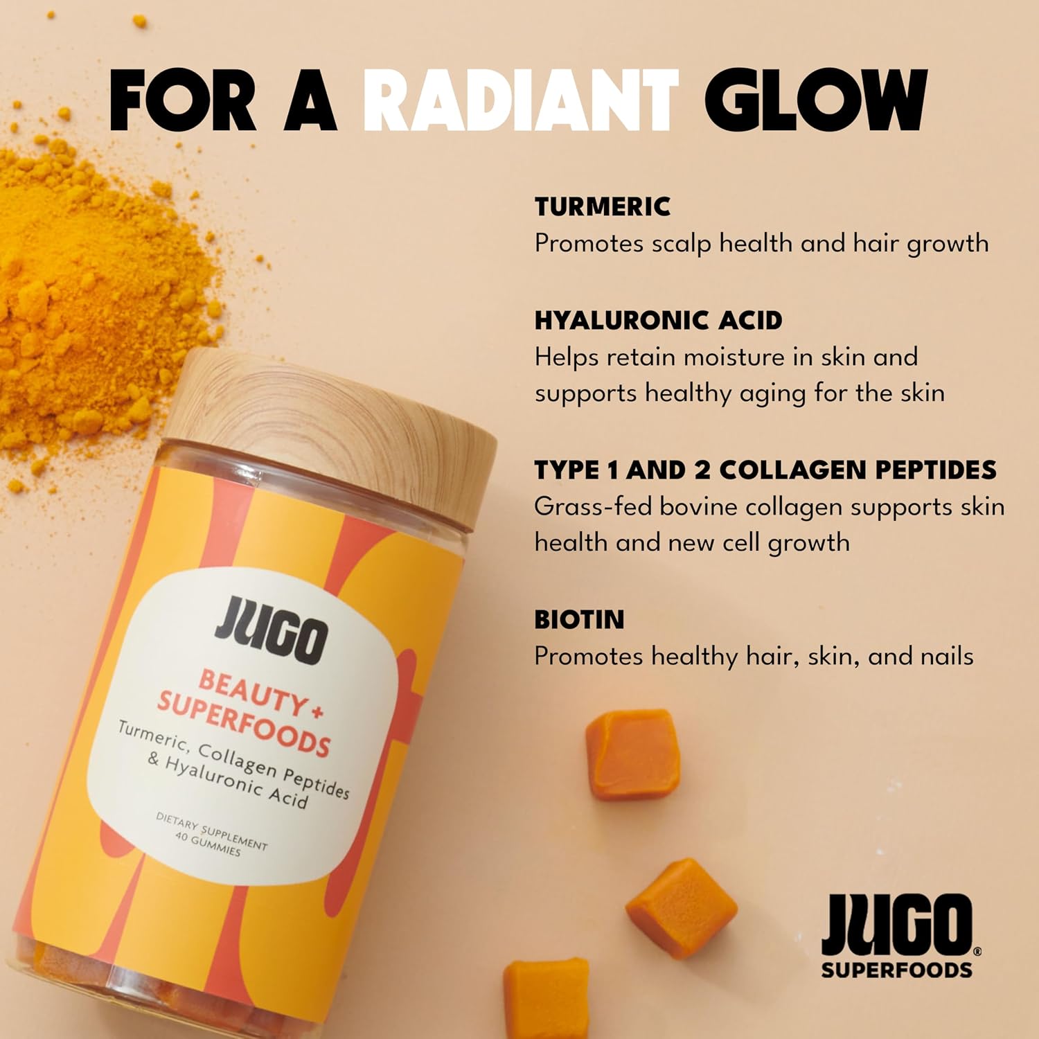 JUGO Beauty + SUPERFOODS Gominolas de Colágeno y Biotina para Cabello, Piel y Uñas - 40 Unidades