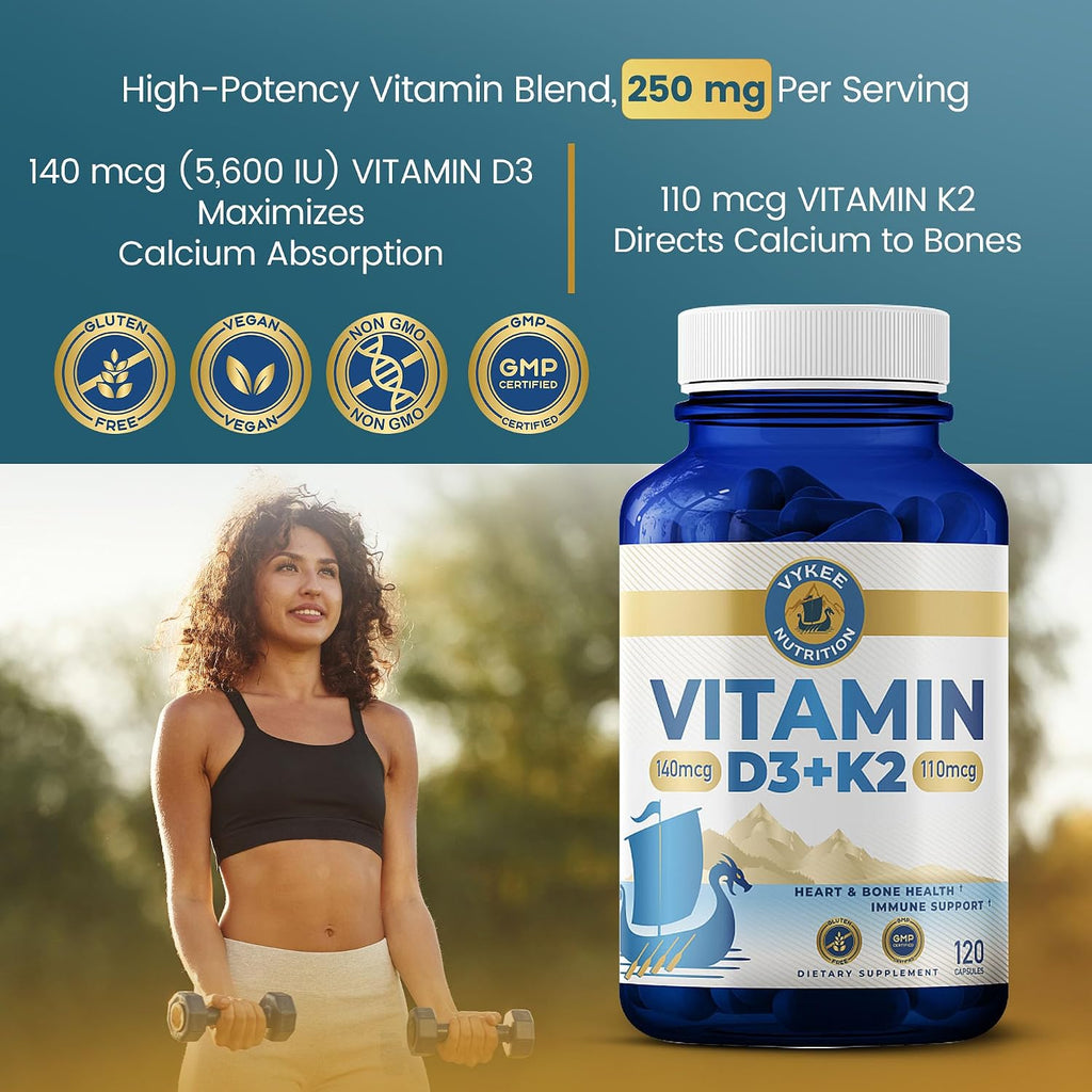 Complejo de Vitamina D3 y K2 de Vykee Nutrition - Alta Potencia: 140 mcg de D3 y 110 mcg de K2 (MK-7) - Suplemento Vegano para el Apoyo Óseo y Cardíaco, Sin OGM, Sin Gluten - 120 Cápsulas